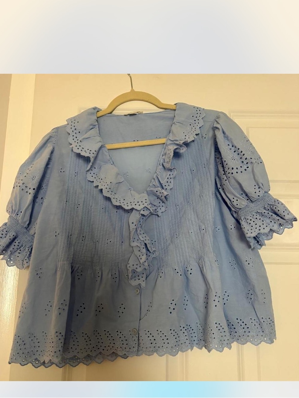 Ultra Pink Blue Ruffle Blouse Top Cotton